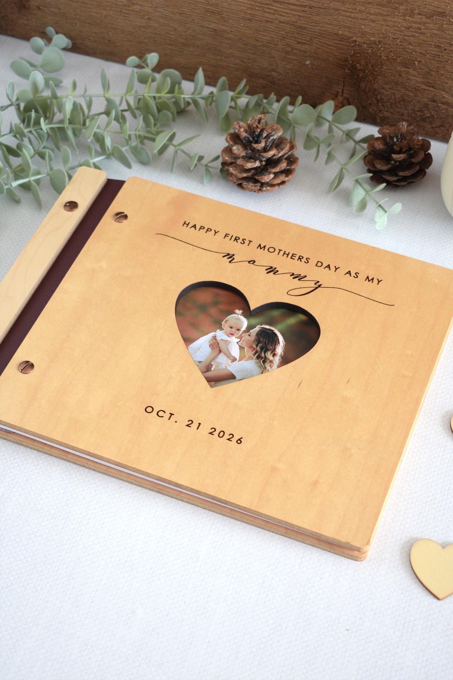 Custom Engraved First Mothers Day Scrapbook, Mom Journal, Wooden Photo Memory Book, New Mom Gift