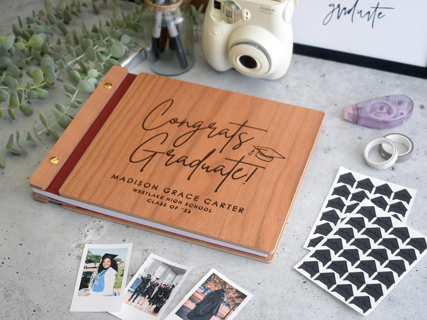 Congrats Graduate Photo Album, Class of 2026 Graduation Guest Book, Personalized Wooden Engraved Grad Gift