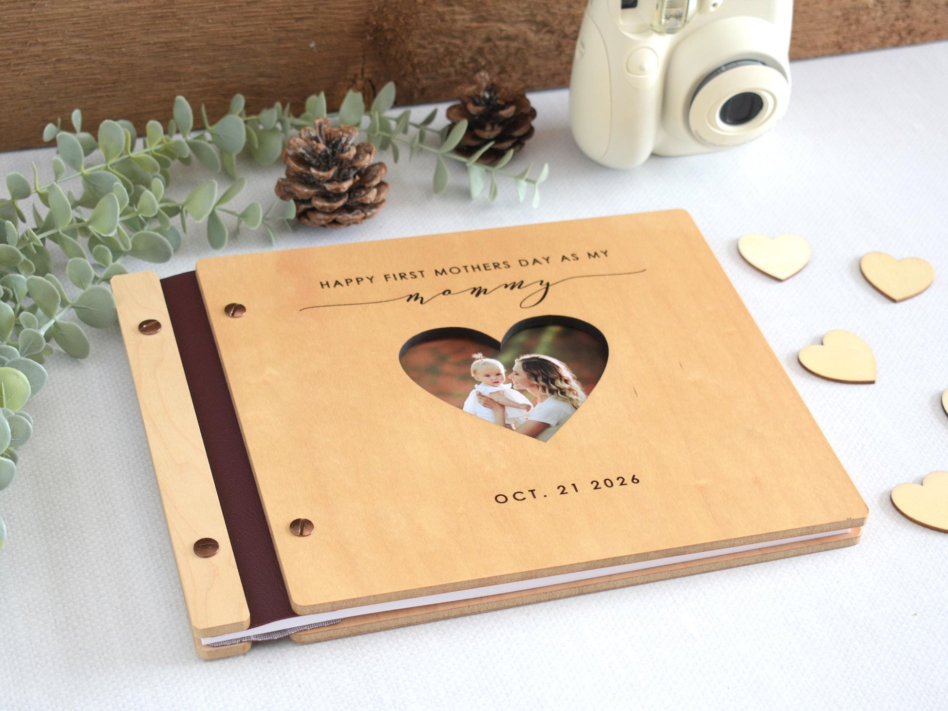 Custom Engraved First Mothers Day Scrapbook, Mom Journal, Wooden Photo Memory Book, New Mom Gift