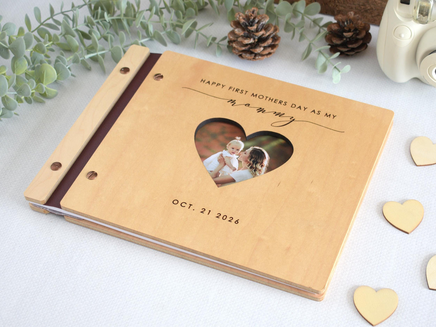 Custom Engraved First Mothers Day Scrapbook, Mom Journal, Wooden Photo Memory Book, New Mom Gift