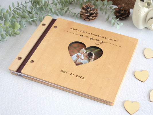 Custom Engraved First Mothers Day Scrapbook, Mom Journal, Wooden Photo Memory Book, New Mom Gift