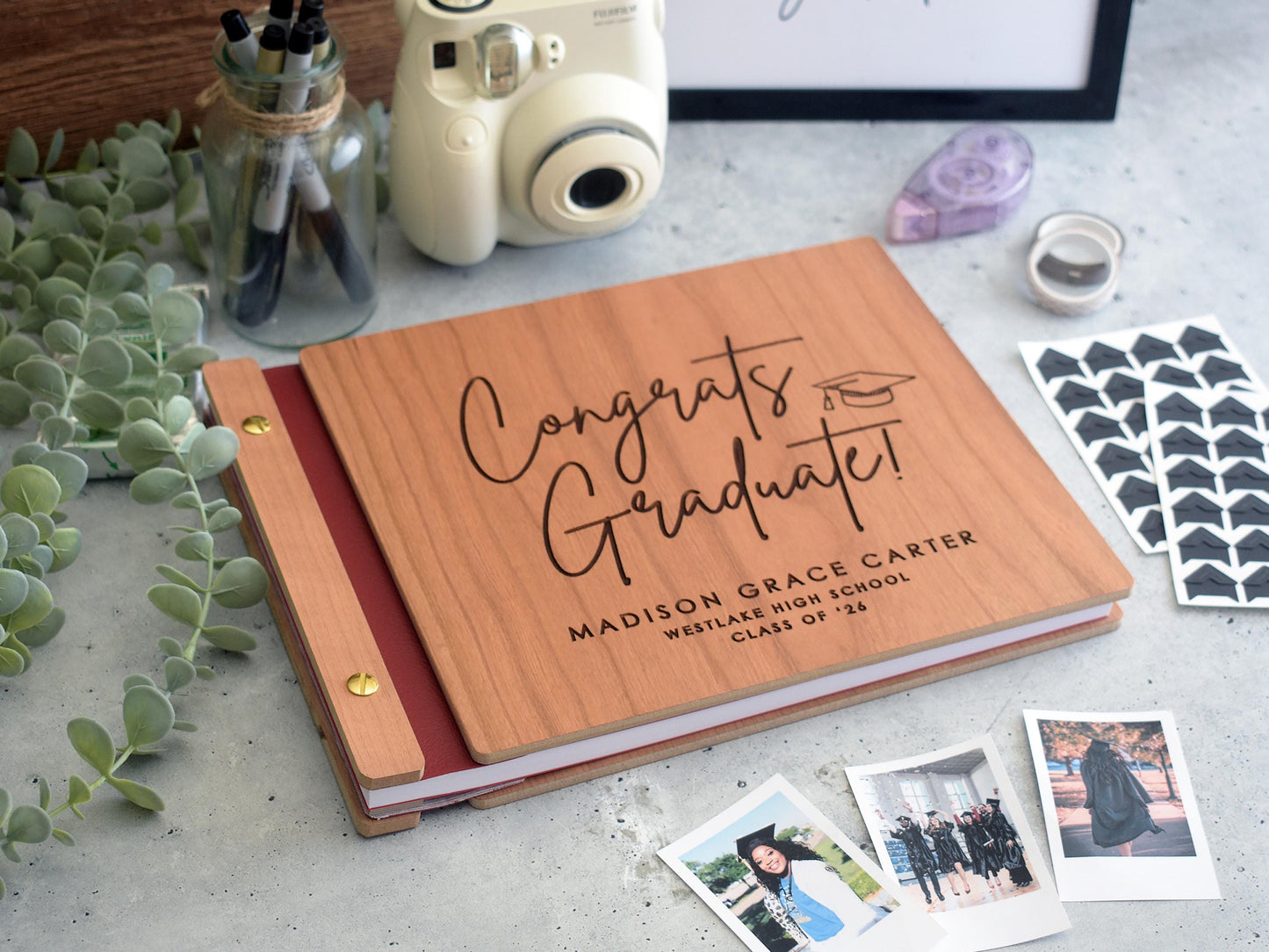 Congrats Graduate Photo Album, Class of 2026 Graduation Guest Book, Personalized Wooden Engraved Grad Gift
