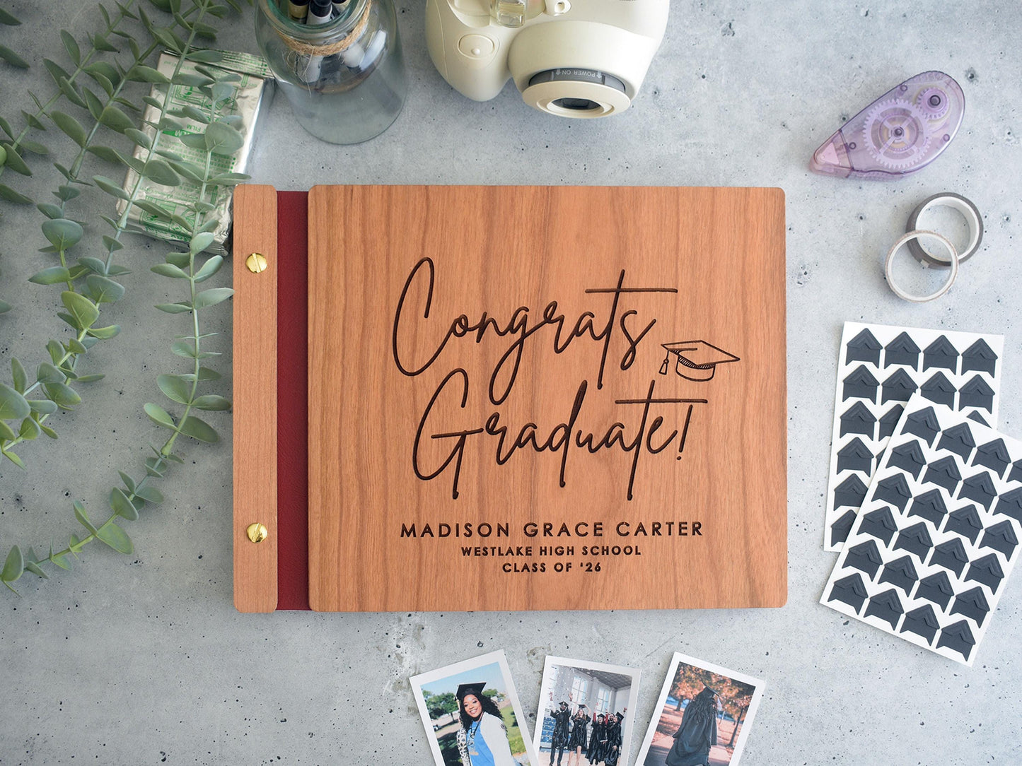 Congrats Graduate Photo Album, Class of 2026 Graduation Guest Book, Personalized Wooden Engraved Grad Gift