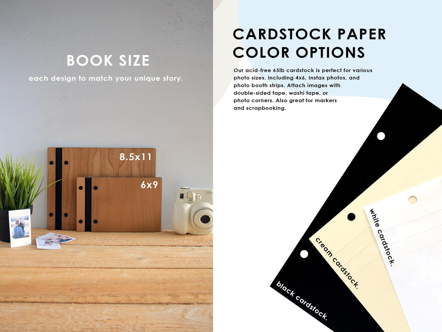 The image is a promotional advertisement for a product called "Book Size" that offers various color options for a cardstock paper. It features a wooden desk with a camera, a plant, and a photo frame, along with different colored cardstock paper samples displayed on the desk.