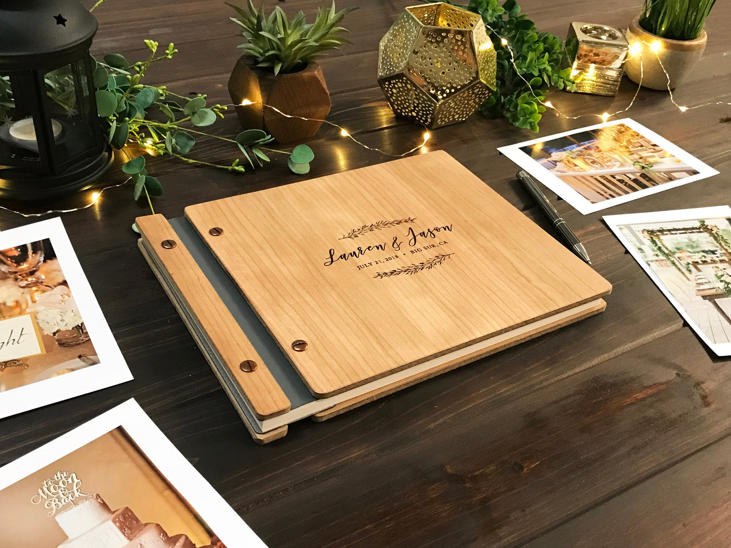 Floral/Leaves Wooden Wedding Guest Book, Personalized Guest Book, Wedding Decor, Wedding Album