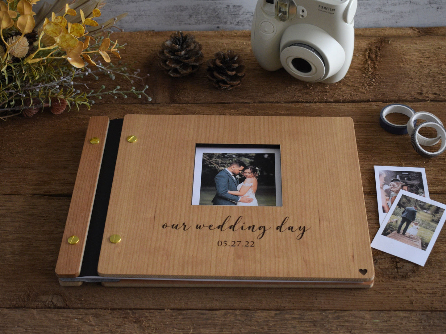 Square Cut Out Wooden Wedding Guest Book Design with Polaroid Photo Album - Engagement Album