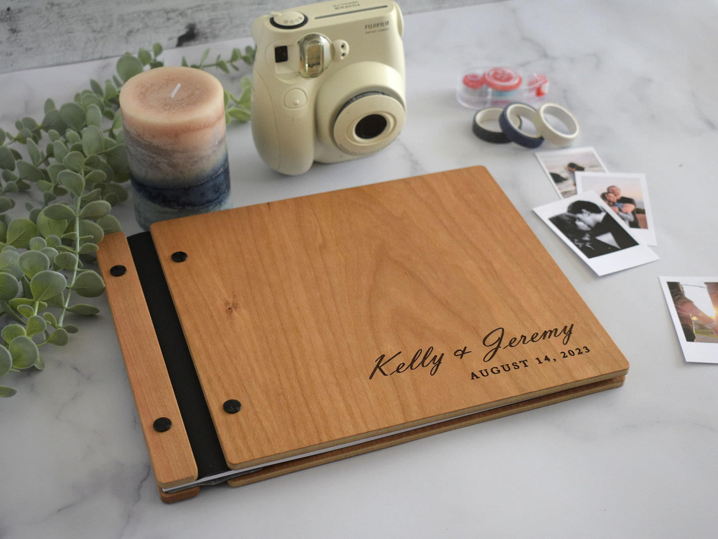 Minimalist cherry wood wedding guest book in an amber finish with engraved, customized couples names and a Minimalist design on the cover.