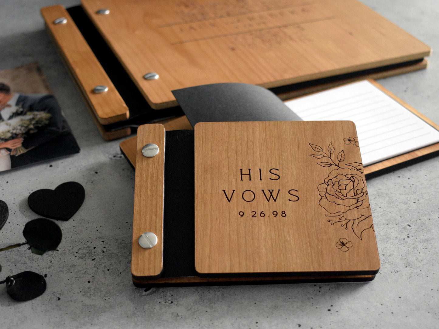 Gothic Wedding Wooden Vow Books, Rose Wedding Vow Book
