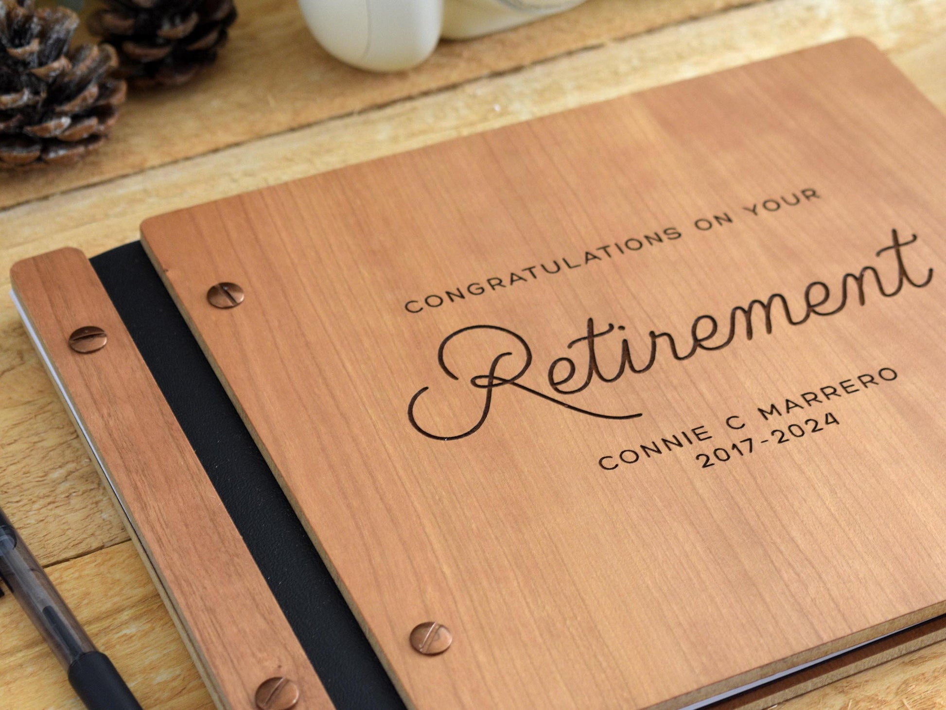 Congratulations on your Retirement Memory Book, Personalized Retirement Gift for Him or Her,  Wooden Album, sign in book