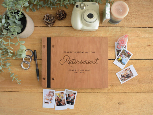 Congratulations on your Retirement Memory Book, Personalized Retirement Gift for Him or Her,  Wooden Album, sign in book