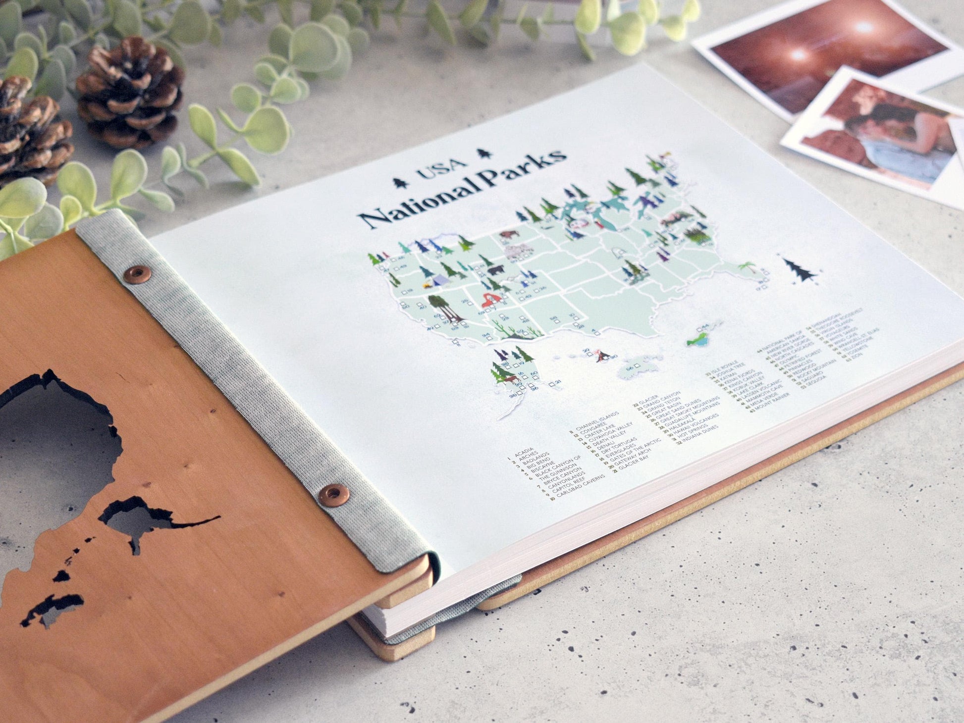 a book opened to a map of the national parks