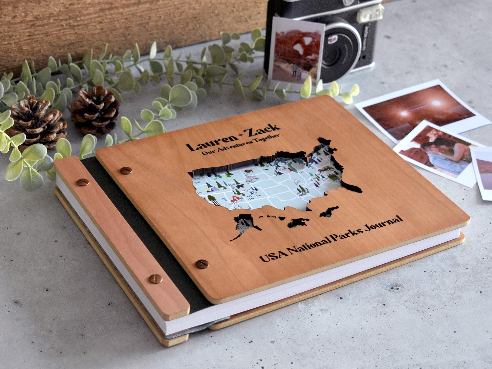 a wooden notebook with a map of the united states