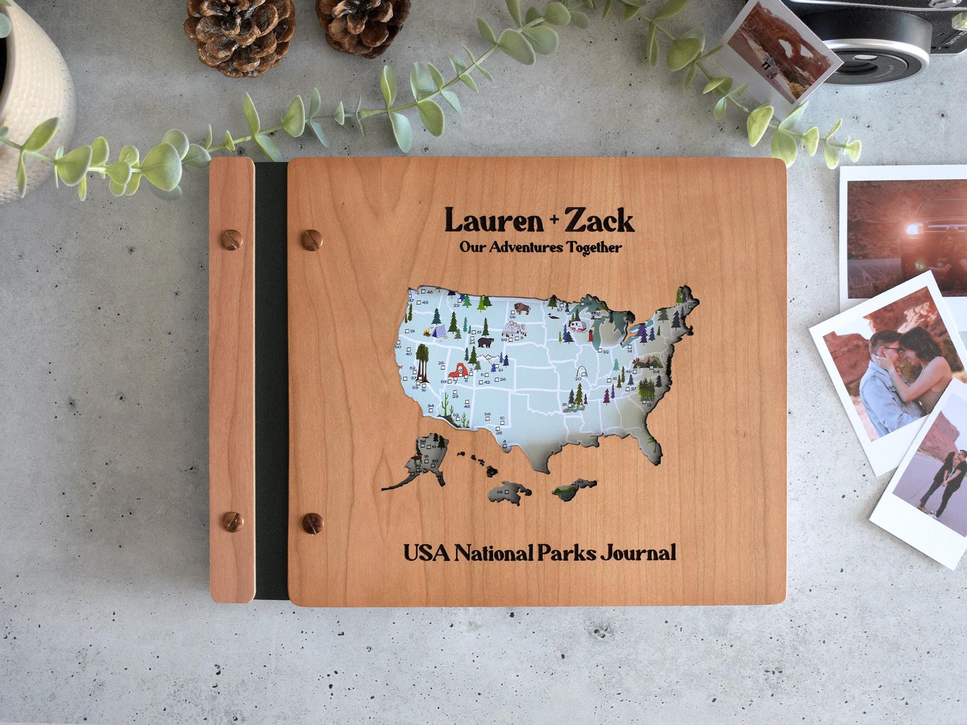 a wooden notebook with a map of the united states