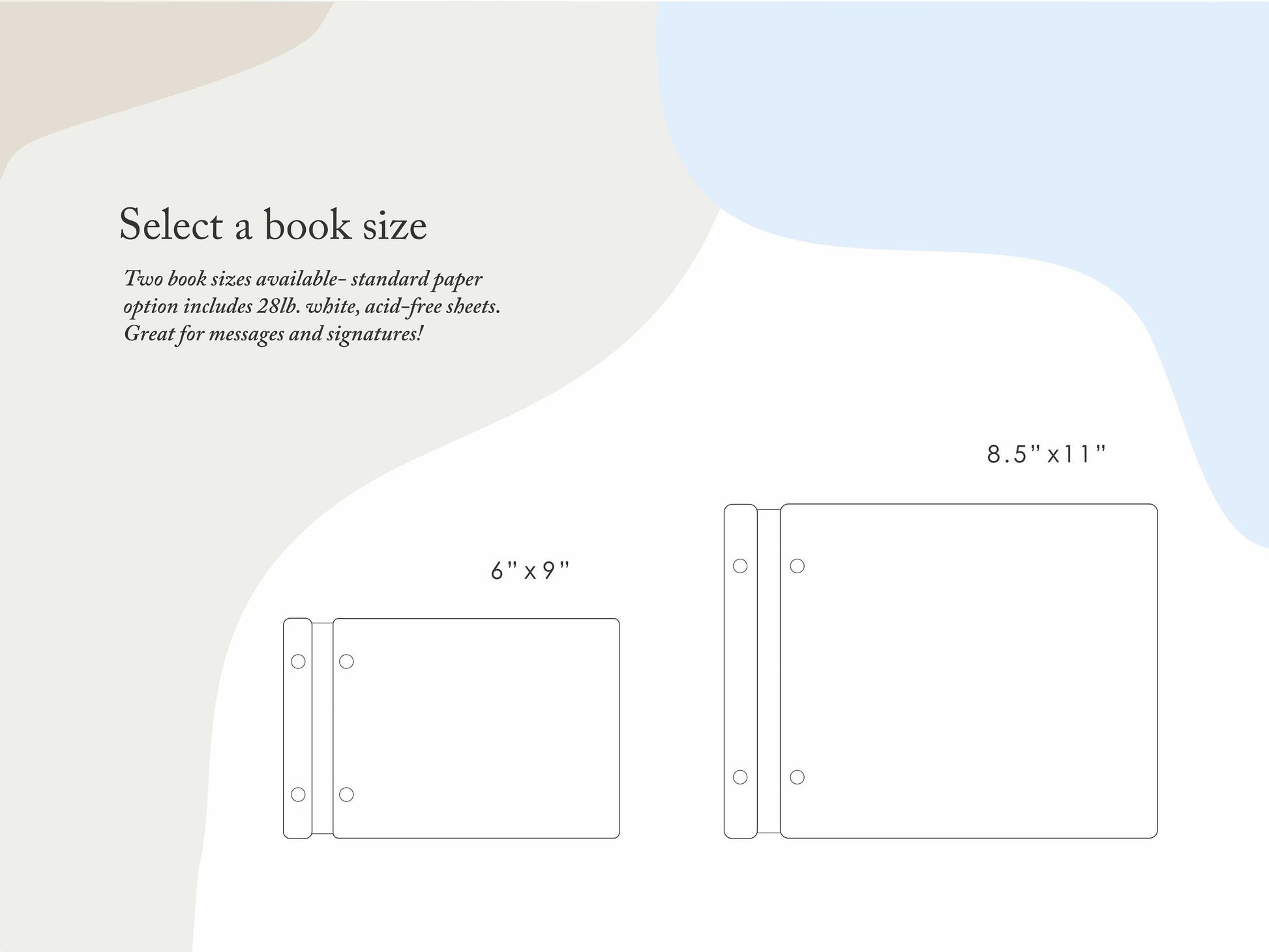 Select a book size from our two options. We have the small option that is 6x9 inches and the large option that is 8.5x11 inches. By default, our books come with standard sheets however, you can always upgrade to cardstock for photo album purposes!